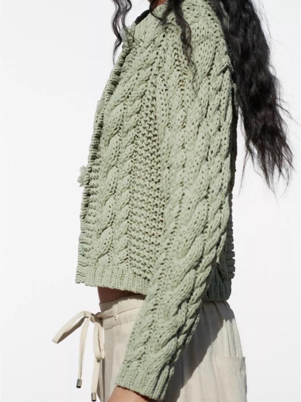 Zara Light Sage Green Cable Knit Cropped Cardigan - Picture 3 of 12